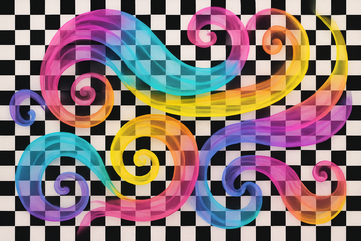 checker pattern with color swirls on top 
